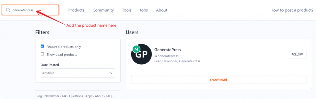 Find user queries from product hunt