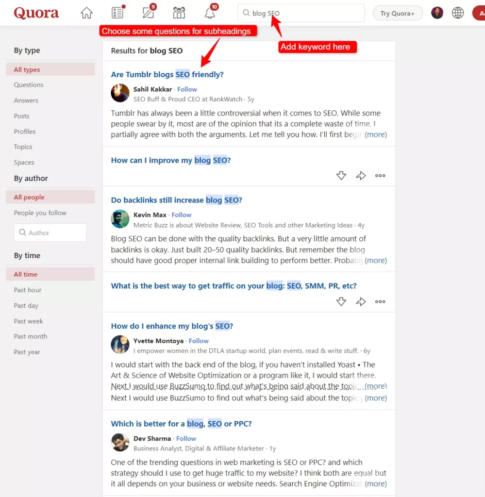 Blog sub-headings finding through Quora