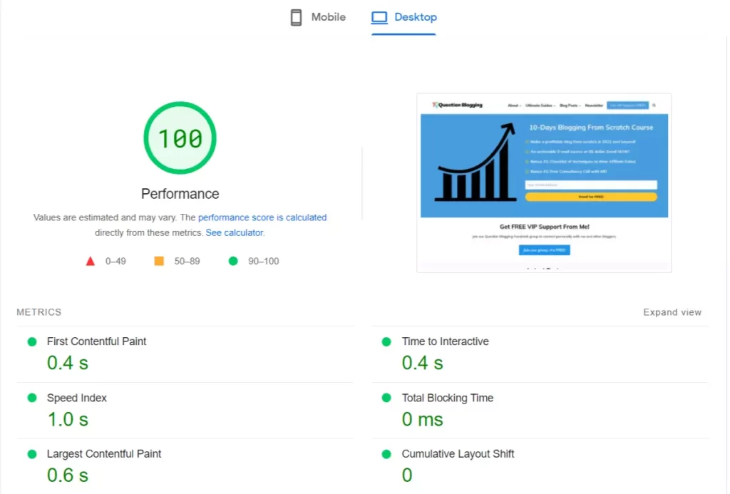 Page Speed Insights score of Question Blogging