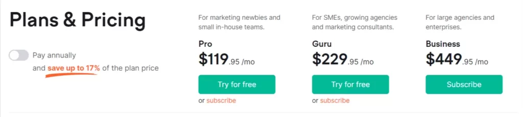 Semrush monthly pricing plans