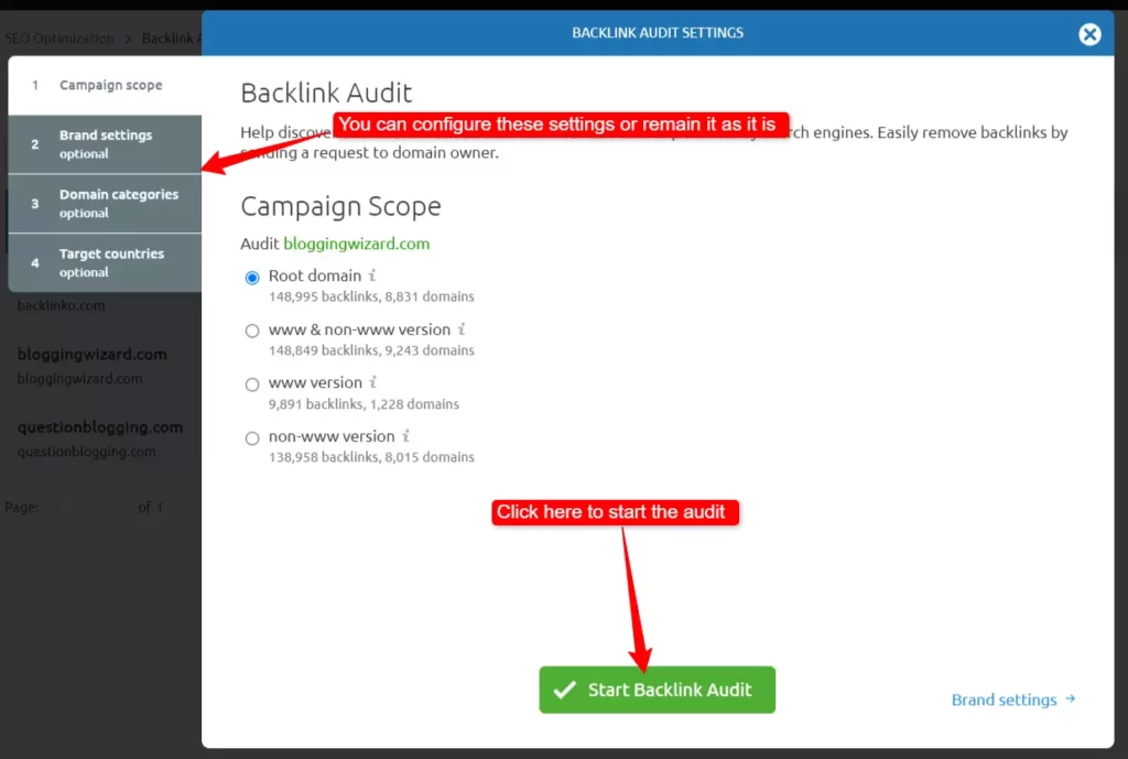 Backlink audit tool settings