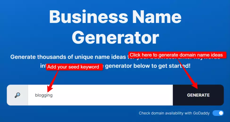 Business name generator for domain name finding